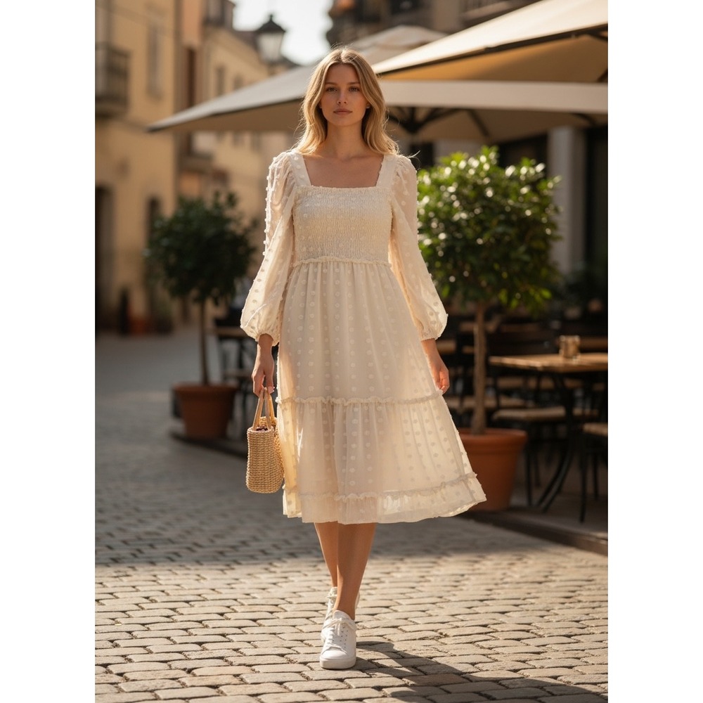 White Birch Cream Swiss Dot Smocked Midi Dress Long Balloon Sleeve Square Neck M